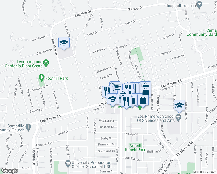 map of restaurants, bars, coffee shops, grocery stores, and more near 2216 Camilar Drive in Camarillo