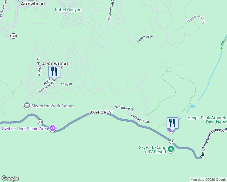 map of restaurants, bars, coffee shops, grocery stores, and more near 863 Oak Road in Skyforest