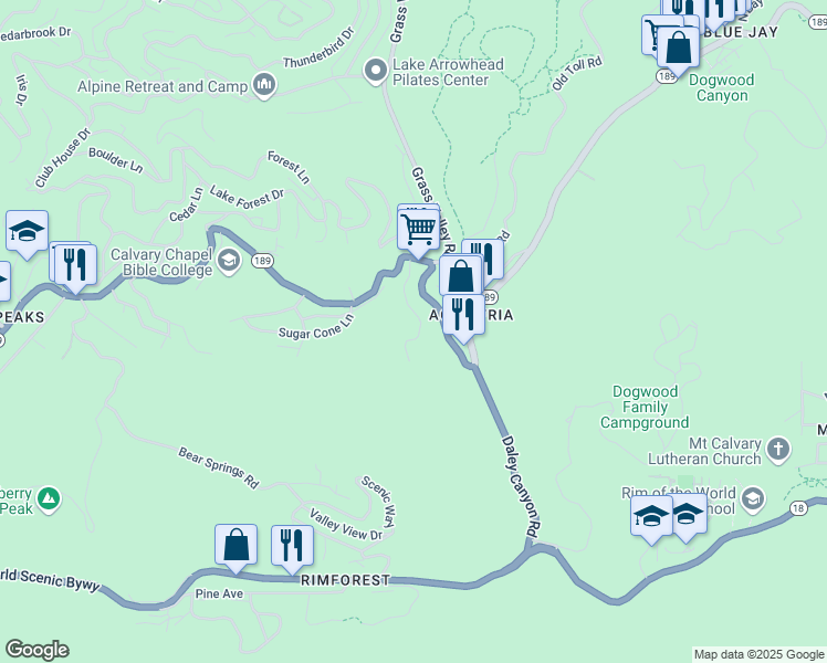 map of restaurants, bars, coffee shops, grocery stores, and more near 844 Sierra Vista Drive in Lake Arrowhead