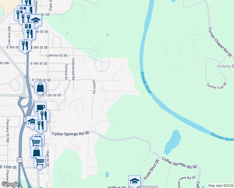 map of restaurants, bars, coffee shops, grocery stores, and more near 13 Crestview Lane Southeast in Rome