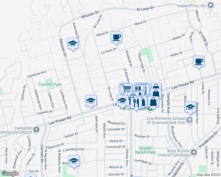 map of restaurants, bars, coffee shops, grocery stores, and more near 2201 Camilar Drive in Camarillo