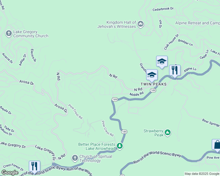 map of restaurants, bars, coffee shops, grocery stores, and more near Mid Lane in Twin Peaks