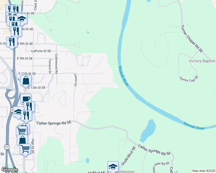 map of restaurants, bars, coffee shops, grocery stores, and more near 30 Riverview Road Southeast in Rome