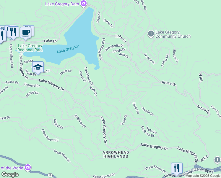 map of restaurants, bars, coffee shops, grocery stores, and more near 24724 Basel Drive in Crestline