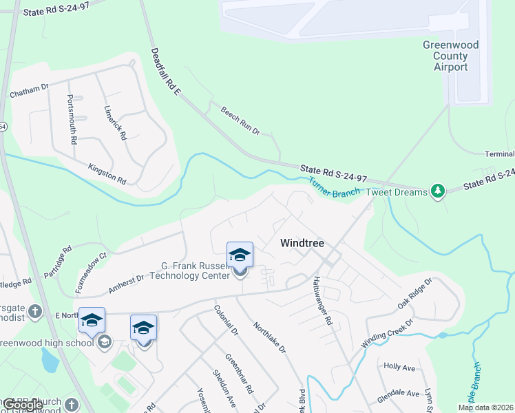 map of restaurants, bars, coffee shops, grocery stores, and more near 214 Windtree Road in Greenwood