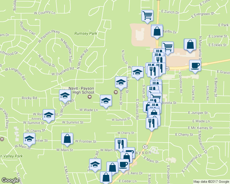 map of restaurants, bars, coffee shops, grocery stores, and more near 304 South Meadows Street in Payson