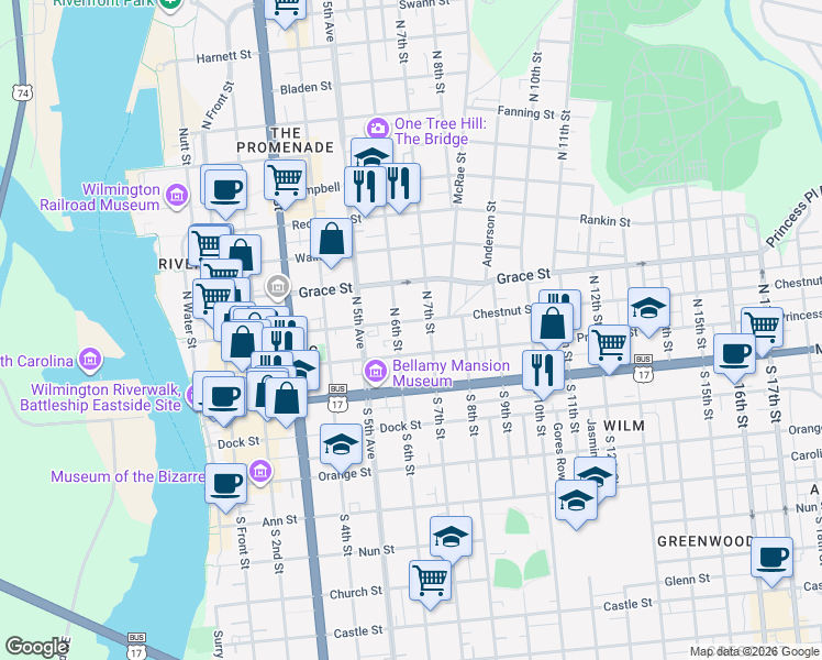 map of restaurants, bars, coffee shops, grocery stores, and more near 103 North 7th Street in Wilmington