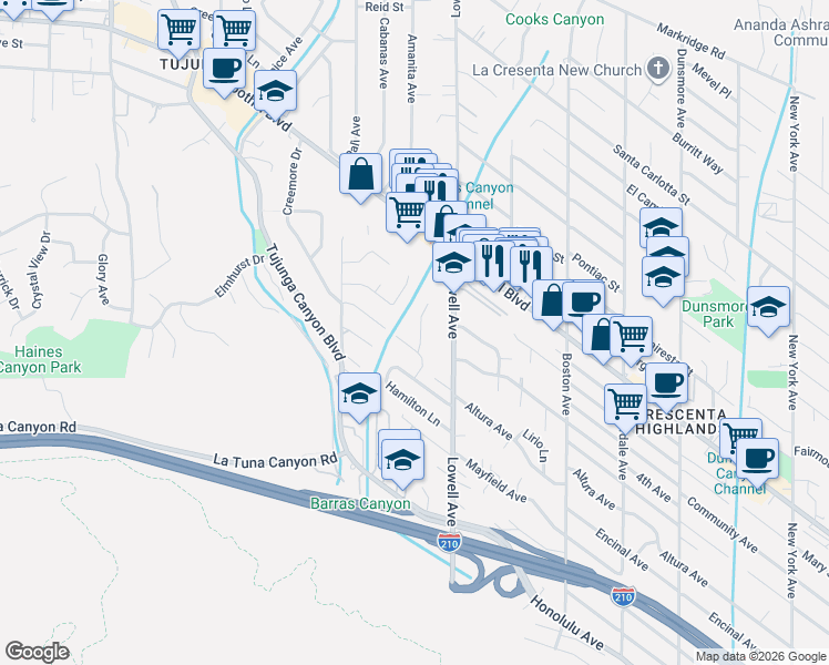 map of restaurants, bars, coffee shops, grocery stores, and more near 9321 Belvoir Avenue in Glendale