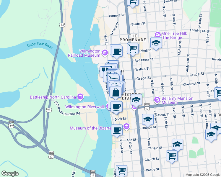map of restaurants, bars, coffee shops, grocery stores, and more near 112 North Water Street in Wilmington