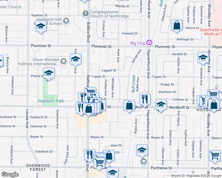 map of restaurants, bars, coffee shops, grocery stores, and more near 9207 Whitaker Avenue in Los Angeles