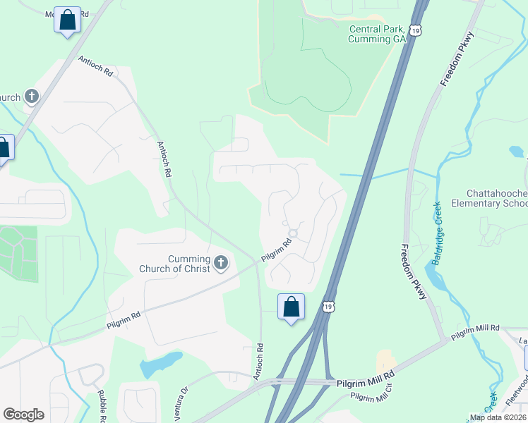 map of restaurants, bars, coffee shops, grocery stores, and more near 3050 Whittier Way in Cumming
