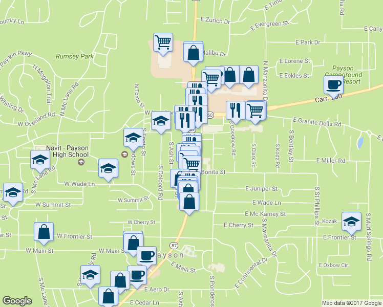 map of restaurants, bars, coffee shops, grocery stores, and more near 301 S Beeline Hwy in Payson