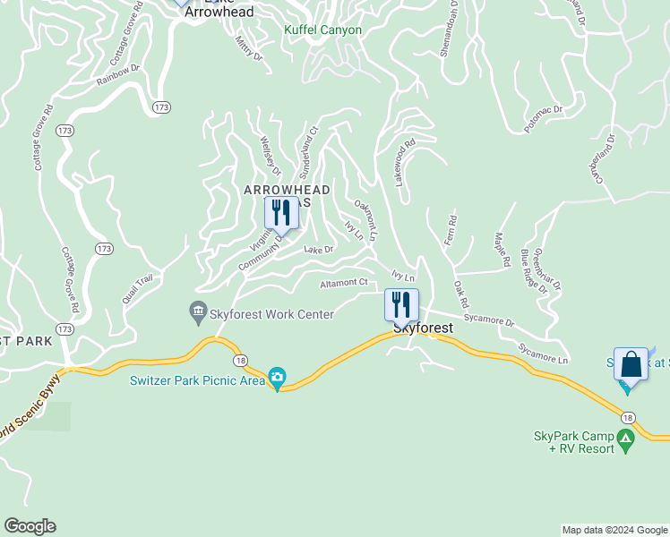 map of restaurants, bars, coffee shops, grocery stores, and more near 28410 Larchmont Lane in Lake Arrowhead