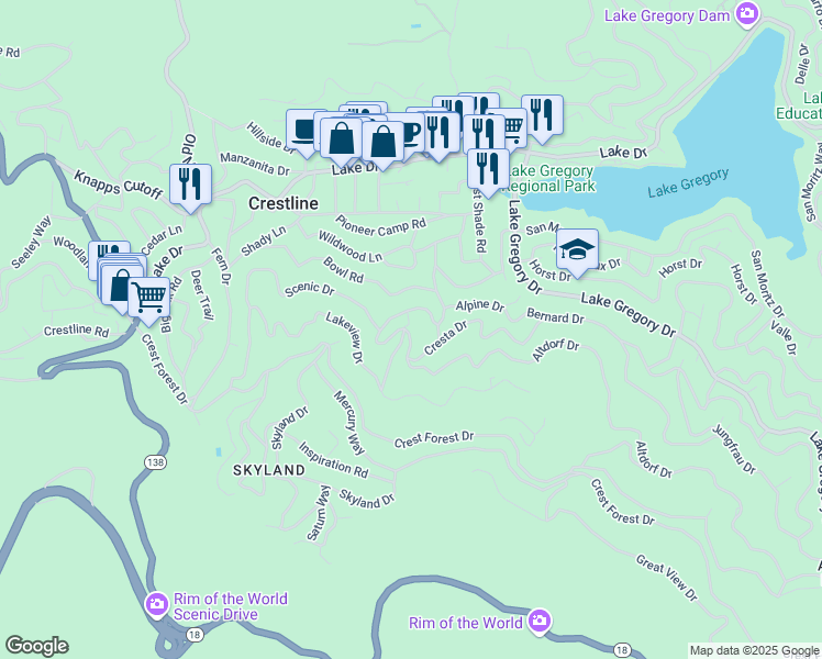 map of restaurants, bars, coffee shops, grocery stores, and more near Altdorf Drive in Crestline
