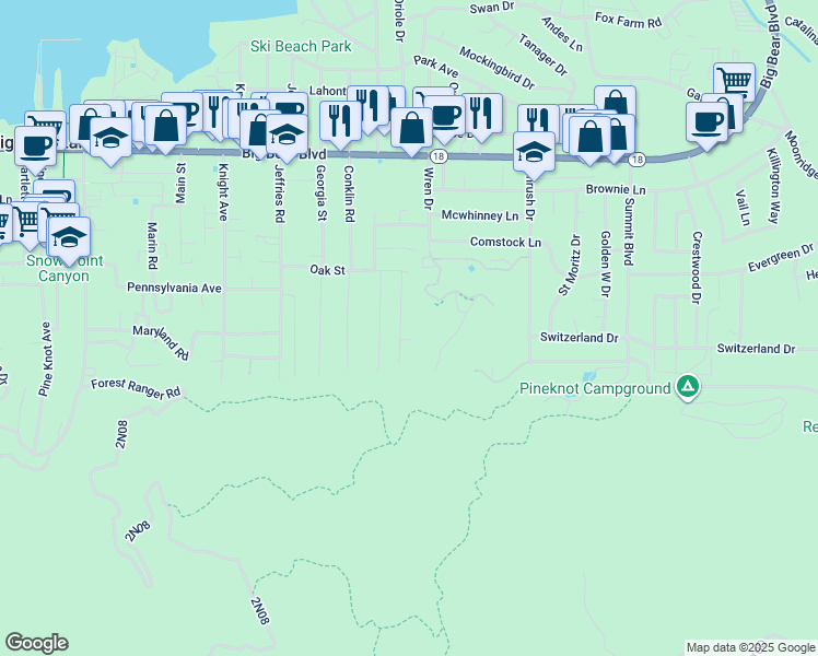 map of restaurants, bars, coffee shops, grocery stores, and more near 809 Oriole Drive in Big Bear Lake