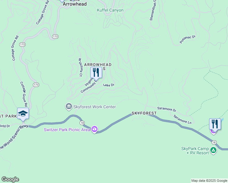 map of restaurants, bars, coffee shops, grocery stores, and more near 28410 Larchmont Lane in Lake Arrowhead