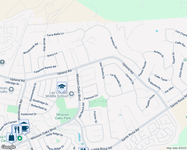 map of restaurants, bars, coffee shops, grocery stores, and more near 6025 Palomar Circle in Camarillo