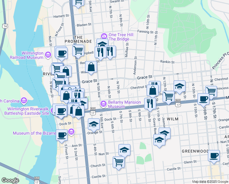 map of restaurants, bars, coffee shops, grocery stores, and more near 103 North 7th Street in Wilmington