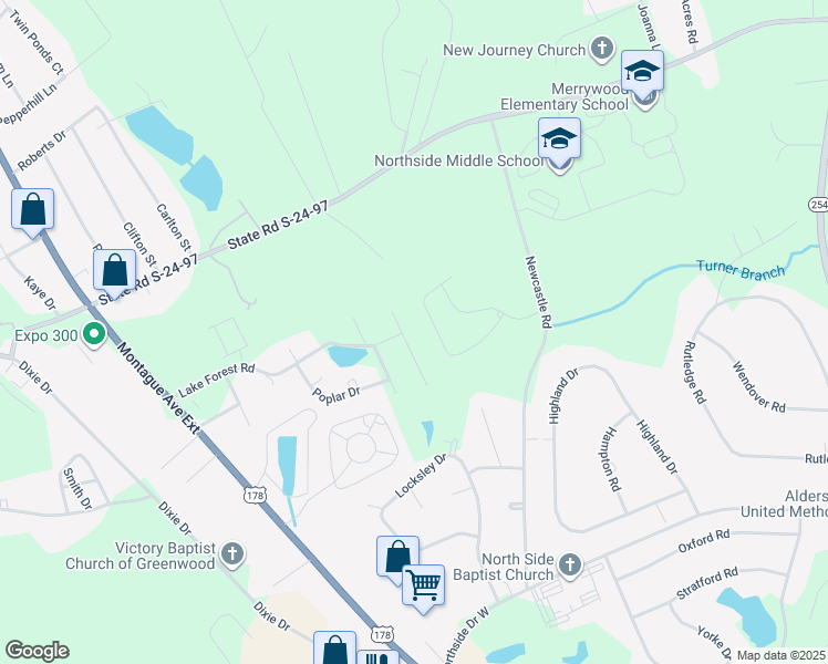 map of restaurants, bars, coffee shops, grocery stores, and more near 123 Ronnie Drive in Greenwood