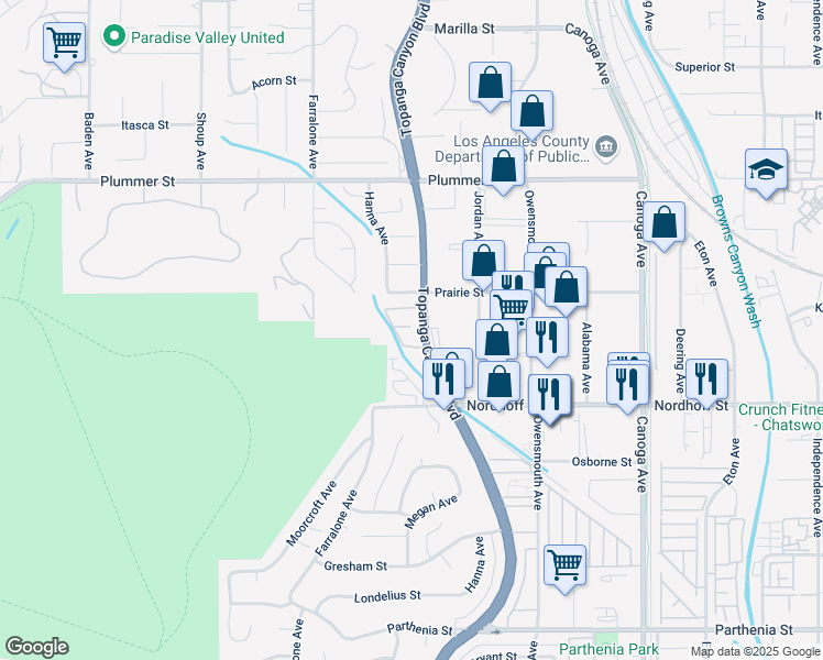 map of restaurants, bars, coffee shops, grocery stores, and more near 9225 Topanga Canyon Boulevard in Los Angeles