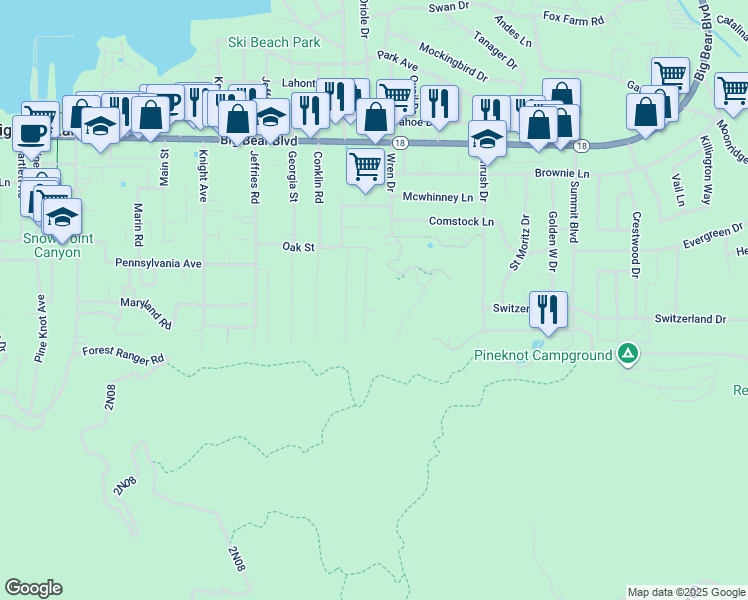 map of restaurants, bars, coffee shops, grocery stores, and more near 809 Oriole Drive in Big Bear Lake