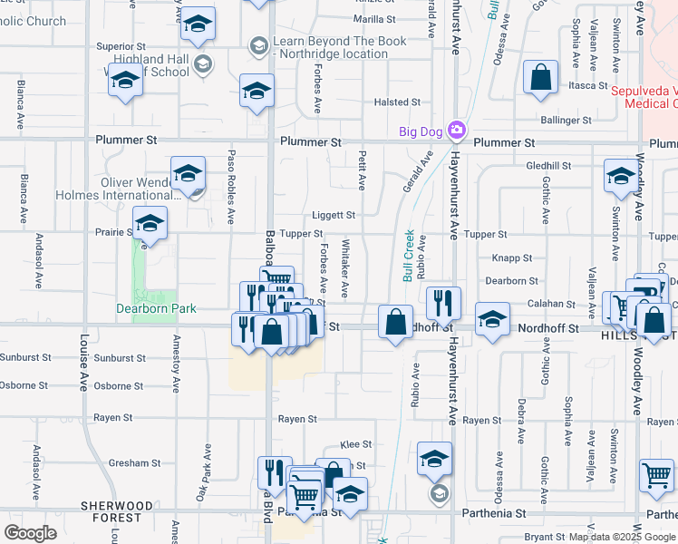 map of restaurants, bars, coffee shops, grocery stores, and more near 9207 Whitaker Avenue in Los Angeles