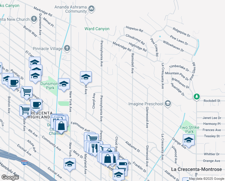 map of restaurants, bars, coffee shops, grocery stores, and more near 3129 Orange Avenue in La Crescenta-Montrose