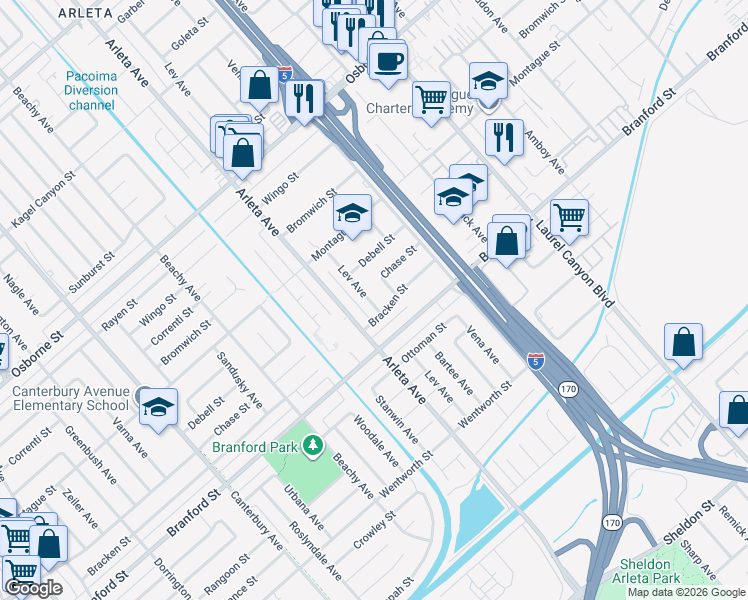 map of restaurants, bars, coffee shops, grocery stores, and more near 9200 Arleta Avenue in Los Angeles