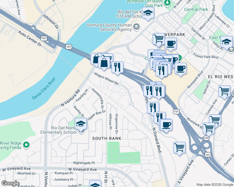 map of restaurants, bars, coffee shops, grocery stores, and more near 350 Cactus Drive in Oxnard