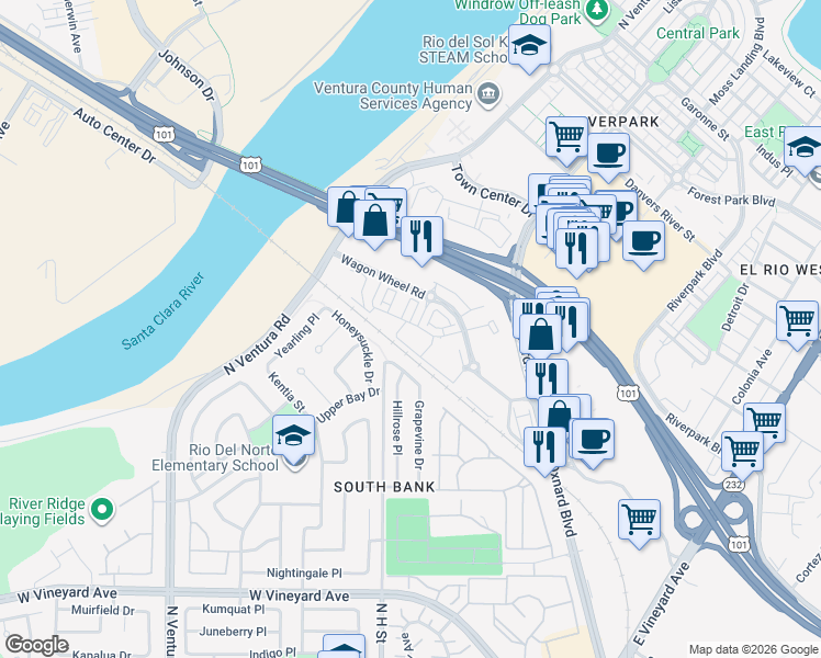 map of restaurants, bars, coffee shops, grocery stores, and more near 580 Winchester Drive in Oxnard