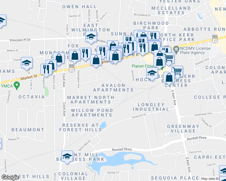 map of restaurants, bars, coffee shops, grocery stores, and more near 3601 Lancelot Lane in Wilmington