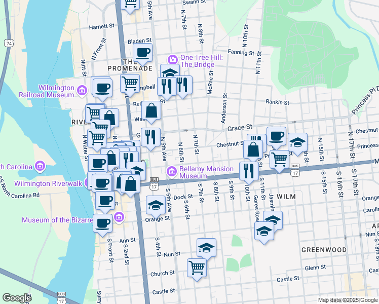 map of restaurants, bars, coffee shops, grocery stores, and more near 103 North 7th Street in Wilmington