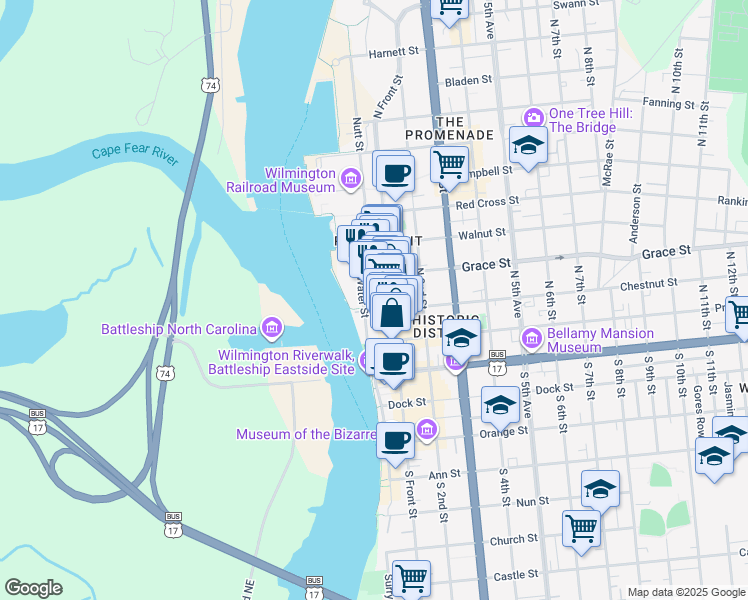 map of restaurants, bars, coffee shops, grocery stores, and more near 112 North Water Street in Wilmington