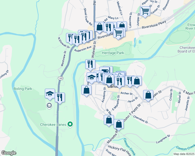 map of restaurants, bars, coffee shops, grocery stores, and more near 42 Riverdale Circle in Canton