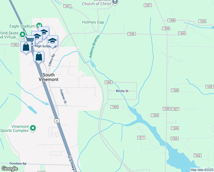 map of restaurants, bars, coffee shops, grocery stores, and more near 1005 County Road 1303 in Cullman