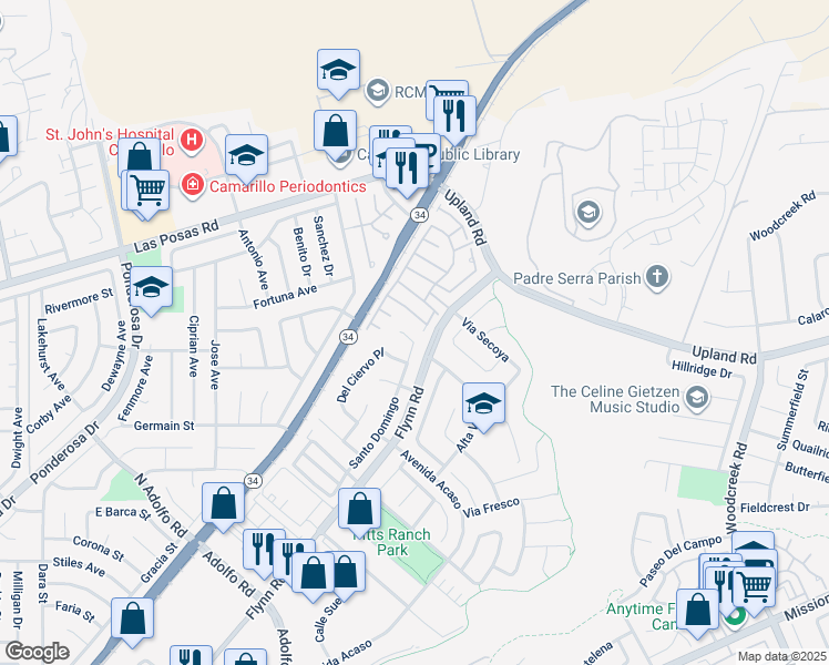 map of restaurants, bars, coffee shops, grocery stores, and more near 2052 Santo Domingo in Camarillo