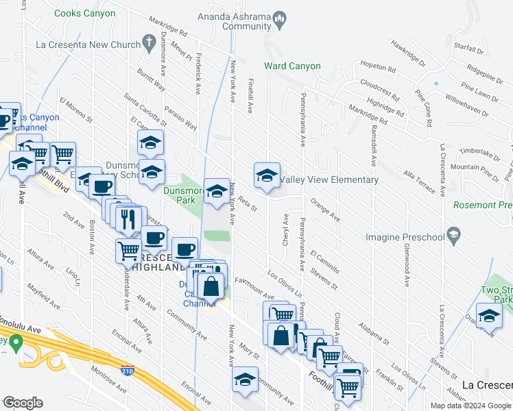 map of restaurants, bars, coffee shops, grocery stores, and more near 3323 Reta Street in Glendale