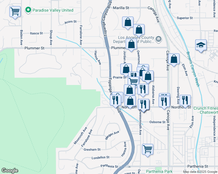 map of restaurants, bars, coffee shops, grocery stores, and more near 9225 Topanga Canyon Blvd in Chatsworth