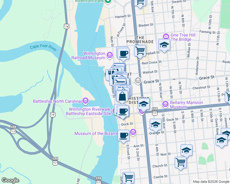 map of restaurants, bars, coffee shops, grocery stores, and more near 112 North Water Street in Wilmington