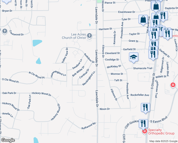 map of restaurants, bars, coffee shops, grocery stores, and more near 1203 Mockingbird Lane in Tupelo