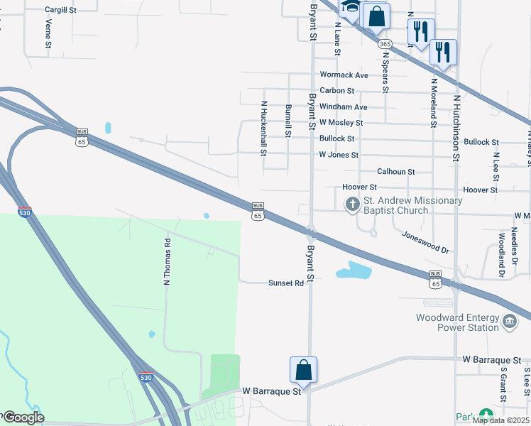 map of restaurants, bars, coffee shops, grocery stores, and more near U.S. 65 Business in Pine Bluff