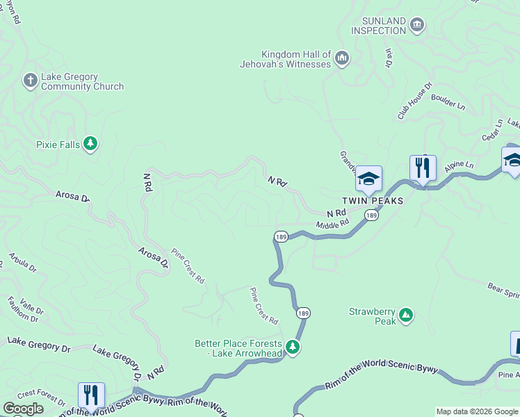 map of restaurants, bars, coffee shops, grocery stores, and more near 25648 Hi Lane in Crestline