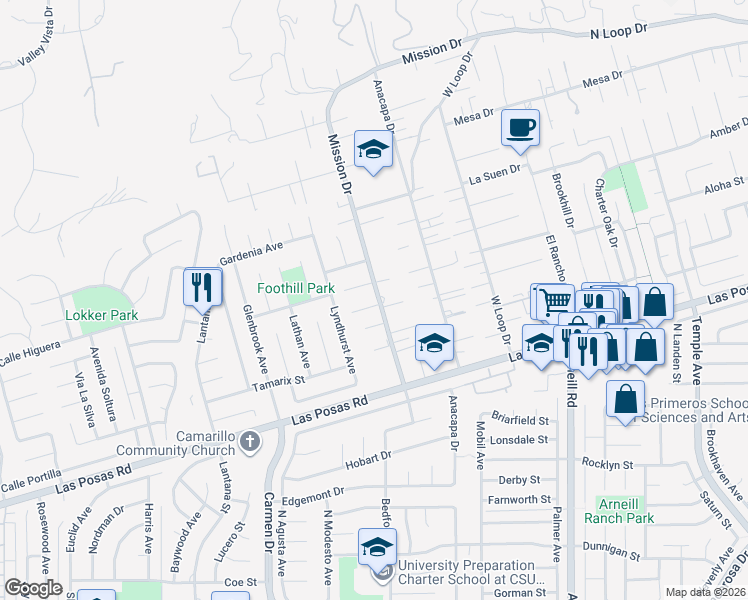 map of restaurants, bars, coffee shops, grocery stores, and more near 10 Nancy Street in Camarillo