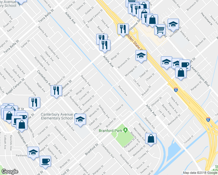 map of restaurants, bars, coffee shops, grocery stores, and more near 13407 Montague Street in Los Angeles