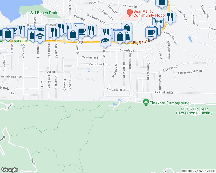 map of restaurants, bars, coffee shops, grocery stores, and more near 794 Saint Moritz Drive in Big Bear Lake