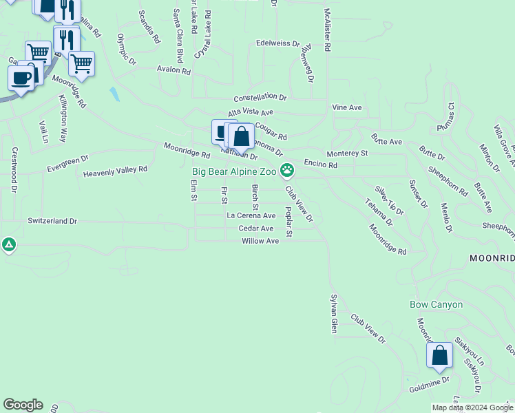 map of restaurants, bars, coffee shops, grocery stores, and more near 42697 La Placida Avenue in Big Bear Lake
