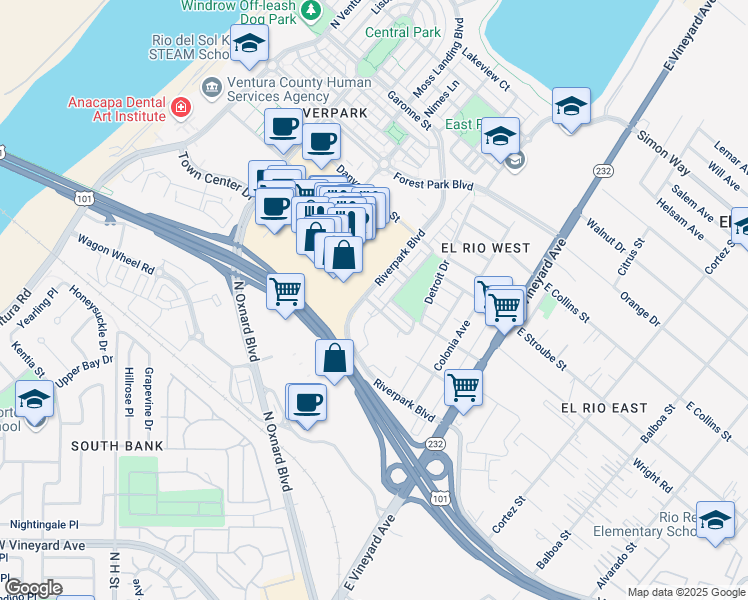 map of restaurants, bars, coffee shops, grocery stores, and more near 353 American River Court in Oxnard