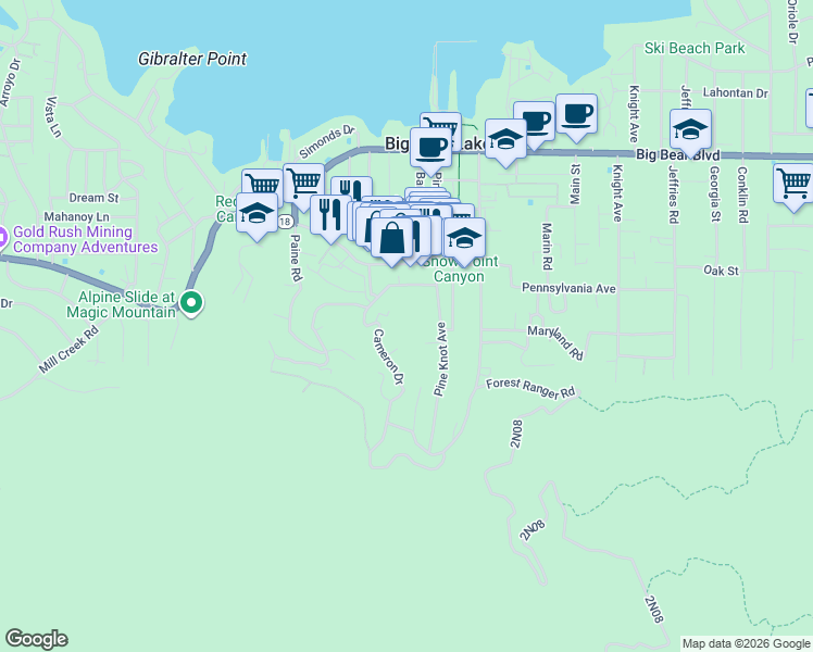 map of restaurants, bars, coffee shops, grocery stores, and more near 720 Maryland Road in Big Bear Lake