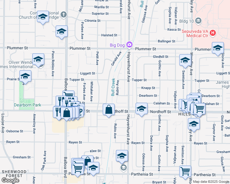 map of restaurants, bars, coffee shops, grocery stores, and more near 9215 Rubio Avenue in Los Angeles