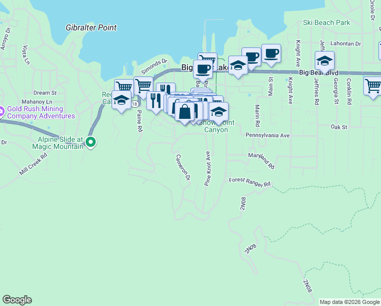 map of restaurants, bars, coffee shops, grocery stores, and more near 720 Maryland Road in Big Bear Lake